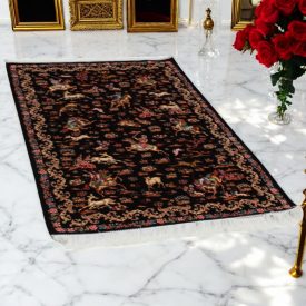   Tapis en soie Chasse bleu 100x150 Tapis en viscose de soie d'Iran