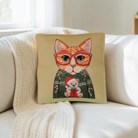 Coussin décoratif vert sauge 45 x 45 cm – Chat festif