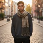 Élégant châle femme homme 215x105 gris-noir à motif authentique