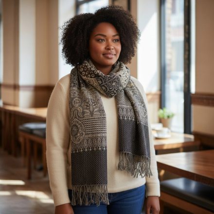 Élégant châle femme homme 215x105 gris-noir écharpe en coton