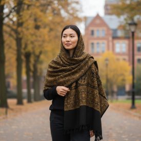 Châle noir-or 215x105 grande écharpe femme en coton