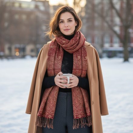 Élégant châle femme 215x105 bordeaux-beige à motif authentique