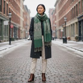 Écharpe à motif oriental 215x105 vert châle en coton