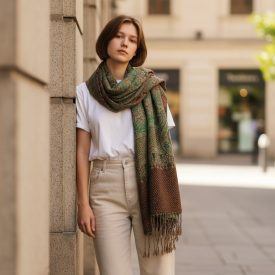 Stola femme 215x105 vert-marron élégant châle femme