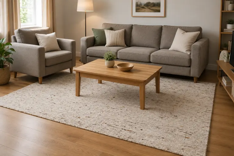 Une pièce de vie partagée où le tapis harmonise l'aménagement