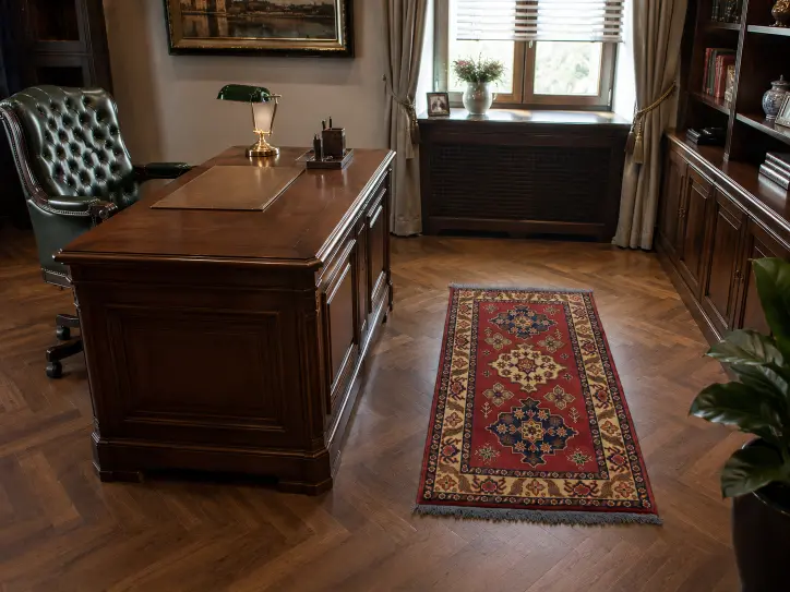 tapis devant un fauteuil, dans un coin lecture ou un petit espace de détente